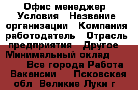 Офис-менеджер. Условия › Название организации ­ Компания-работодатель › Отрасль предприятия ­ Другое › Минимальный оклад ­ 18 000 - Все города Работа » Вакансии   . Псковская обл.,Великие Луки г.